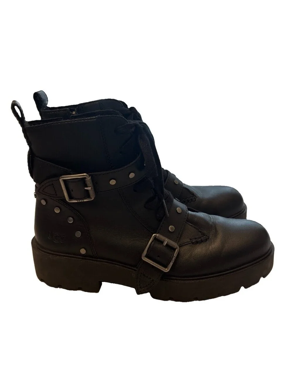 UGG Black Leather Motorcycle Lace Up Zipper Boots Women’s Size 12 Buckles Moto